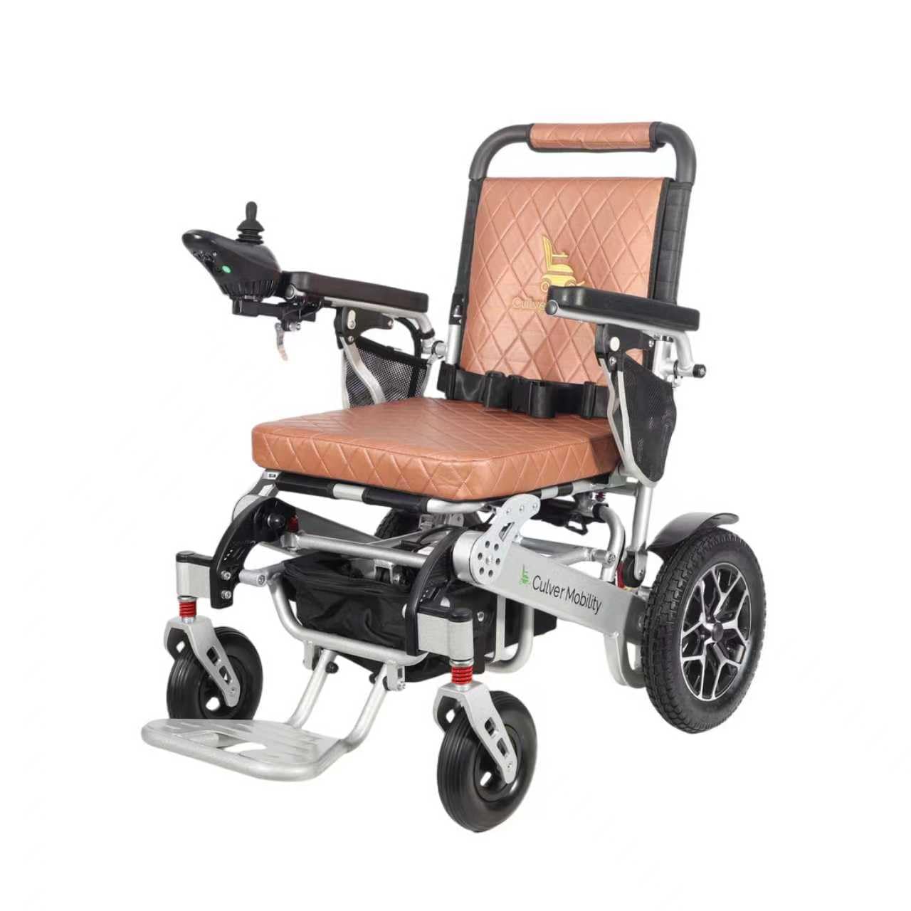 Alton Wolf Brown Leather Lightweight Foldable Electric Wheelchair, 2x250w Motor Electric Wheelchairs for Adults - Travel/user Friendly Electric Wheelchairs for Seniors, Long Range Motorized Wheelchair