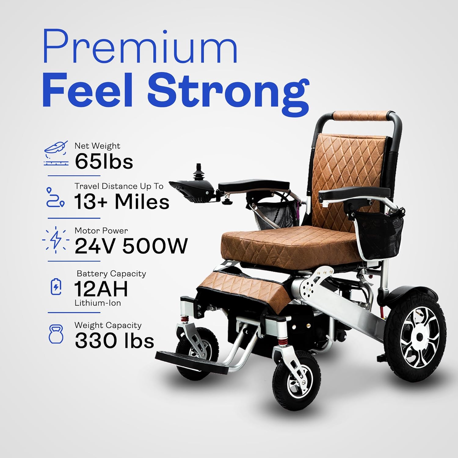 Alton Wolf Brown Leather Lightweight Foldable Electric Wheelchair, 2x250w Motor Electric Wheelchairs for Adults - Travel/user Friendly Electric Wheelchairs for Seniors, Long Range Motorized Wheelchair