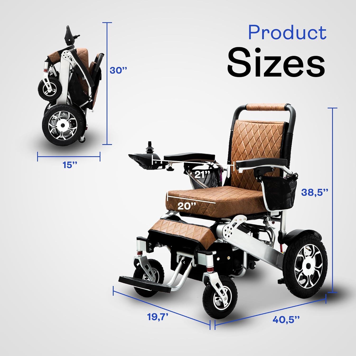 Alton Wolf Brown Leather Lightweight Foldable Electric Wheelchair, 2x250w Motor Electric Wheelchairs for Adults - Travel/user Friendly Electric Wheelchairs for Seniors, Long Range Motorized Wheelchair